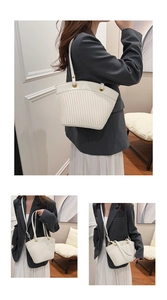 Detailed views of a white striped tote bag shown in shoulder and crossbody styles