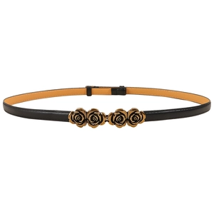 Elegant adjustable black leather skinny belt for women with golden rose floral buckles