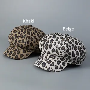 Fashionable leopard print newsboy caps in khaki and off-white breathable fabric