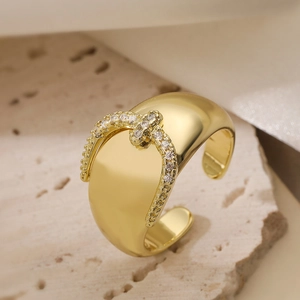 Minimalist wide gold plated ring with U-shaped buckle and sparkling cubic zirconia stones