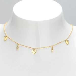 Gold-plated 925 silver necklace with heart charms and diamond-set rhombus accents
