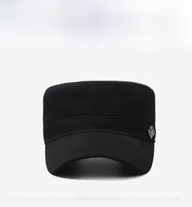 Front view of black cotton cadet cap featuring a diamond-shaped metal side ornament