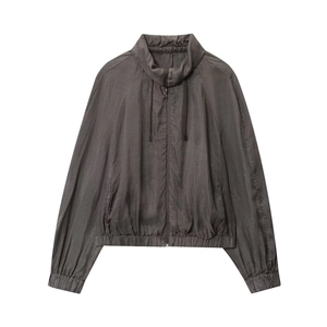 Women Casual Bomber Jacket Cotton Polyamide Crinkle Fabric Stand Collar Drawstring Zipper Elastic Cuff Solid Color