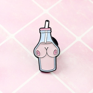 Detailed enamel lapel pin showing creative pink bottle juice with straw on grid surface