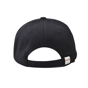 Rear view of black cotton baseball cap showing adjustable silver metal buckle detail
