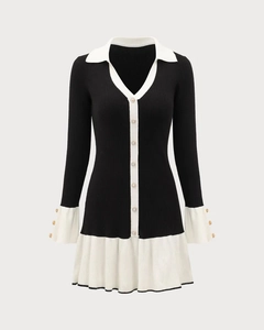 Detail of knit dress with contrast piping, polo collar and gold pearl buttons