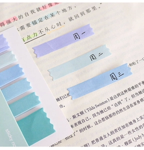 Close-up of Morandi gradient sticky notes with unique wavy edges on a book page