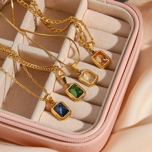 Gold plated stainless steel paperclip necklaces with rectangle colorful zircon pendants