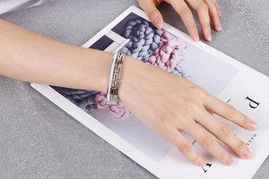 Detail of silver stainless steel bangle featuring Greek Key cutouts and cubic zirconia stones
