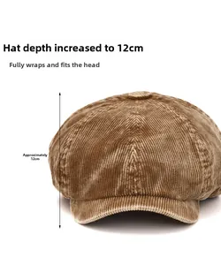 Detail view of the 12cm deep crown on this brown corduroy baker boy newsboy cap