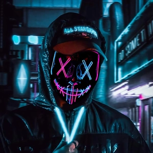 Cyberpunk LED glowing mask with pink and blue cross lines for Halloween cosplay outfit