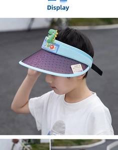 Detail of blue sun visor with 3D dinosaur decor and breathable purple mesh brim