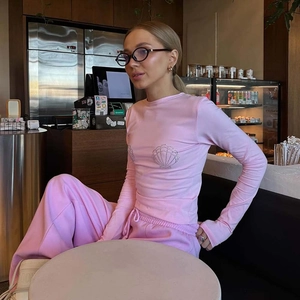 Pink slim-fit long sleeve t-shirt with rhinestone shell pattern and matching pants