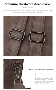Detail of adjustable strap with dark gunmetal rectangular buckle and swivel hook