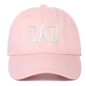 Detailed view of white DAD embroidery on premium pink cotton canvas baseball cap