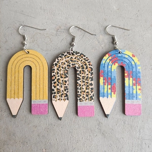 Wood Pencil Dangle Earrings Leopard Puzzle Pattern Heart Apple Studs School Theme Jewelry For Teachers Students