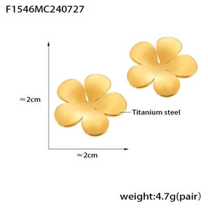 Detailed view of 2cm golden titanium steel five-petal flower earrings on white background