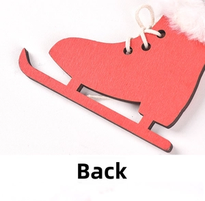 Back view of a red wooden ice skate ornament with white faux fur trim and twine string
