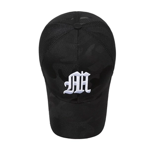 Breathable black camo baseball cap with white gothic embroidery and mesh back