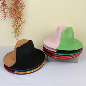 Two Tone Contrast Color Wide Brim Fedora Hat For Men Women Polyester Felt Jazz Hat Gradient Patchwork Party Panama Cap