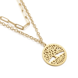 Double-layered gold tree of life necklace with textured chain and cutout pendant