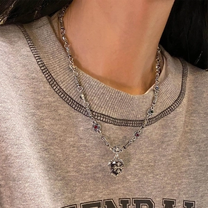 Retro S925 silver heart cross necklace with colorful beads and gothic style pendant