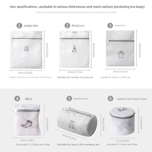 Detailed size guide for embroidery laundry bags showing dimensions from mini to large