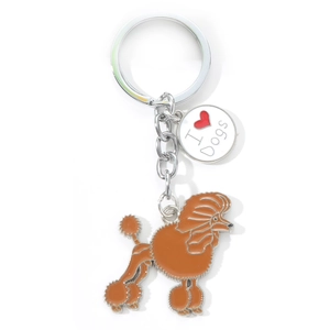 Brown Poodle metal keychain with enameled dog charm and I Love Dogs round tag