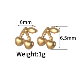 Macro detail of gold cherry stud earrings with 6mm width and 6.5mm height dimensions