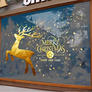 Golden geometric reindeer Christmas window stickers with Merry Christmas greeting text