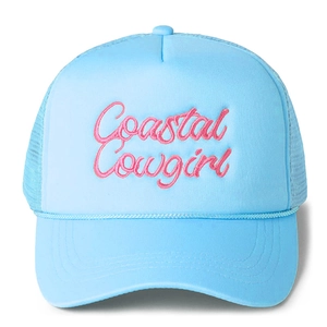 Sky blue trucker hat featuring pink Coastal Cowgirl embroidery and breathable mesh back