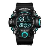 Detailed front view of a black and blue digital sport watch with a resin strap