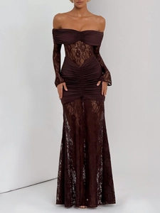 Deep brown off-shoulder lace patchwork maxi dress with slim fit long sleeves