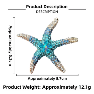 Detail showing dimensions of starfish brooch with blue rhinestones and crystal center