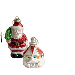 Christmas glass ornaments featuring Santa Claus and a decorative striped dome tree pendant
