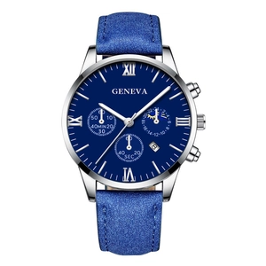 Detail view of the silver steel case, blue dial with Roman numerals and leather strap