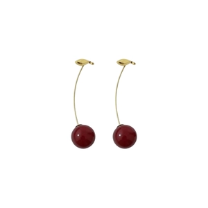 Elegant resin cherry drop earrings with deep red beads and golden leaf design