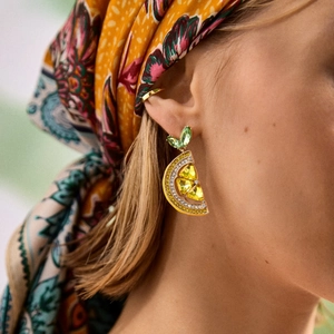 Summer fruit collection crystal lemon slice earrings with small green leaves and ear cuff