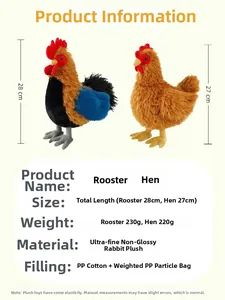 Dettaglio dei peluche gallo e gallina con specifiche sulle dimensioni e morbida pelliccia