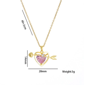Golden heart necklace with pink gemstone and arrow design, 40+5cm chain for women