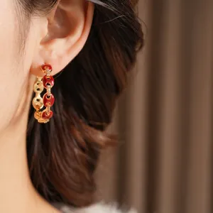 18k gold plated pig nose chain hoop earrings with red enamel and pavé zircon accents