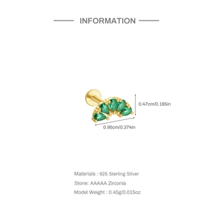 Detailed dimensions and specs of S925 silver marquise green zircon cartilage stud earring