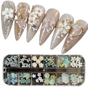 Exquisite 3D floral and butterfly nail art charms set in a 12-slot storage box with tools