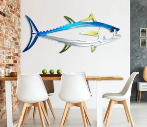Detail of shark metal wall art decoration displayed in a modern dining room setting