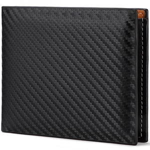 Men's carbon fiber bifold wallet with black texture and brown interior lining