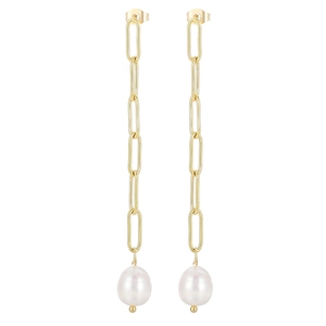 Boucles d'oreilles trombone dorées à l'or 18 carats avec perles blanches pendantes