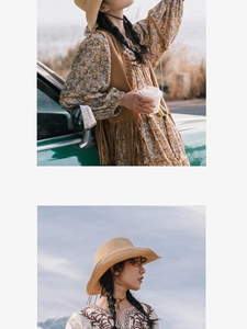 Detail showing vintage bohemian outfit with fringe vest and sun hat by a classic car