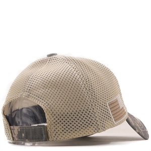 Detailed mesh texture on tactical baseball cap with camouflage strap and flag patch