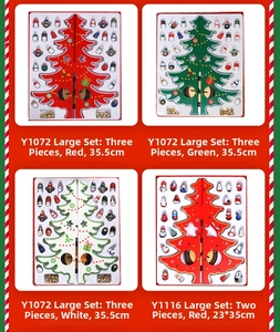 DIY wooden Christmas tree kit showing colorful 2D panels with painted miniature ornaments