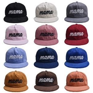 Flat brim corduroy MAMA baseball caps in 12 assorted colors with embroidery